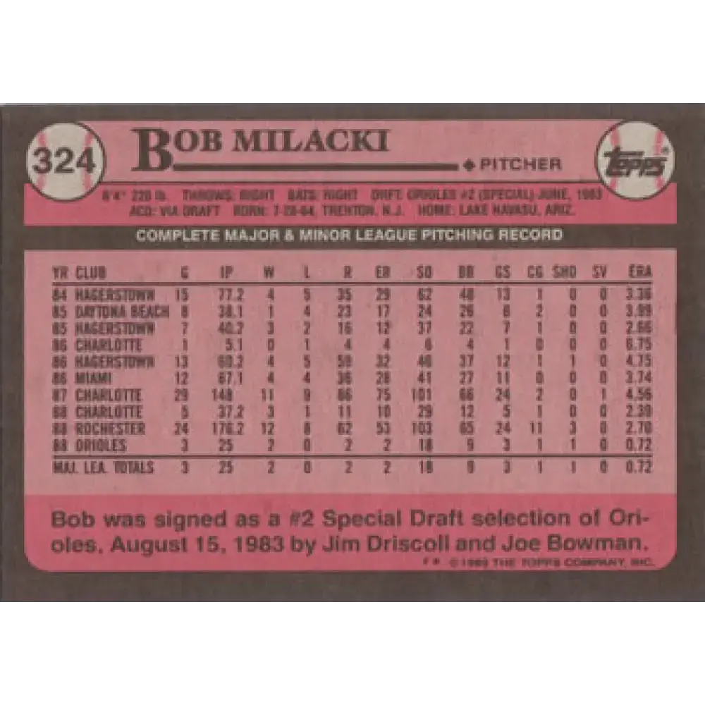 1989 Topps #324 Bob Milacki NM-MT RC Rookie Baltimore Orioles Baseball Card - Baseball Card Single