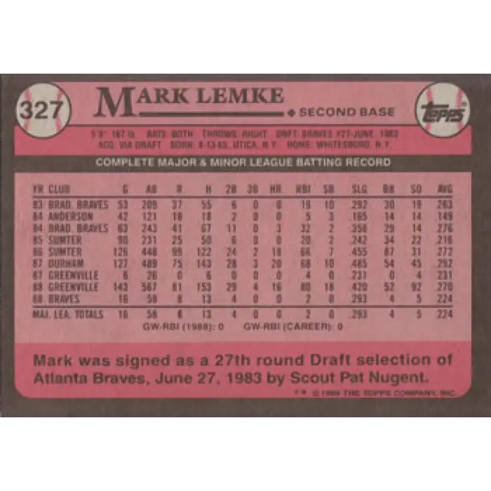 1989 Topps #327 Mark Lemke NM-MT RC Rookie Atlanta Braves Baseball Card - Baseball Card Single
