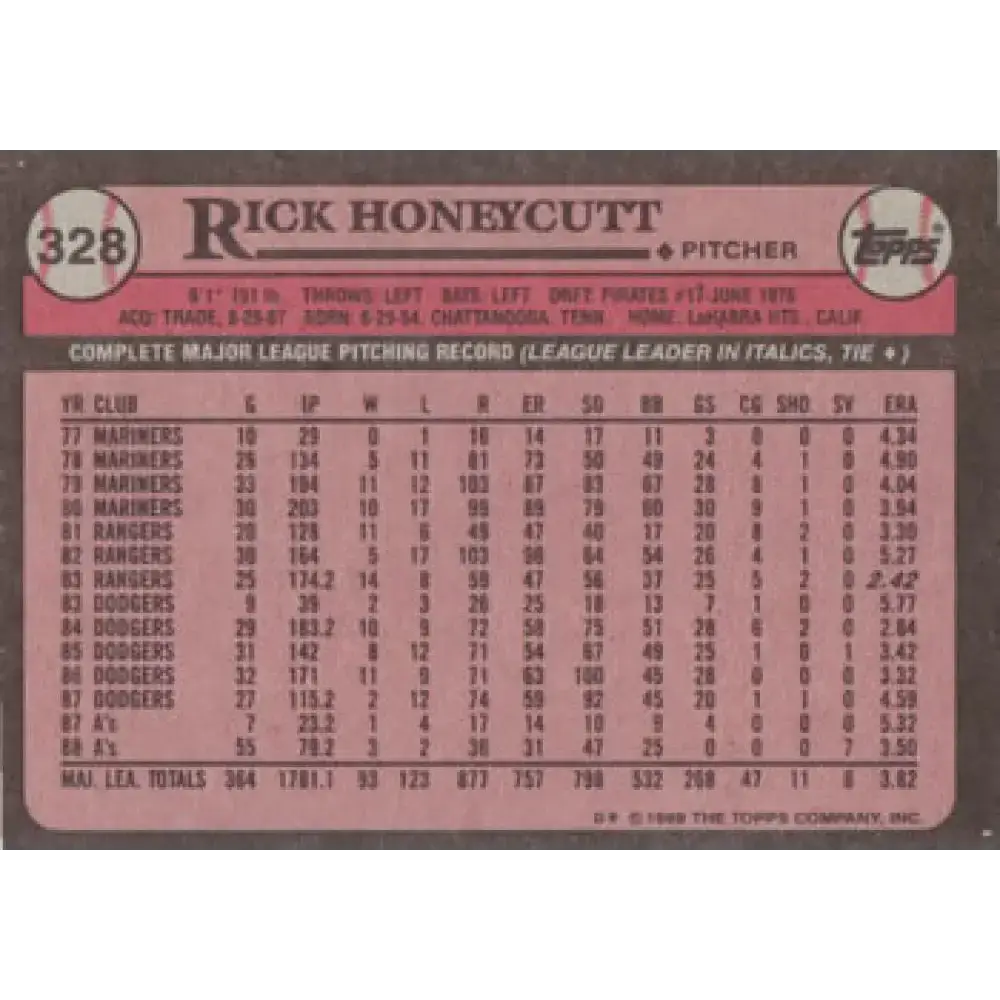 1989 Topps #328 Rick Honeycutt NM-MT Oakland Athletics Baseball Card - Baseball Card Single