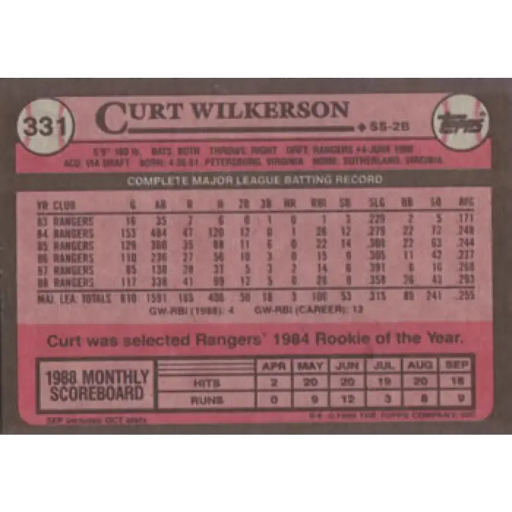 1989 Topps #331 Curtis Wilkerson NM-MT Texas Rangers Baseball Card - Baseball Card Single