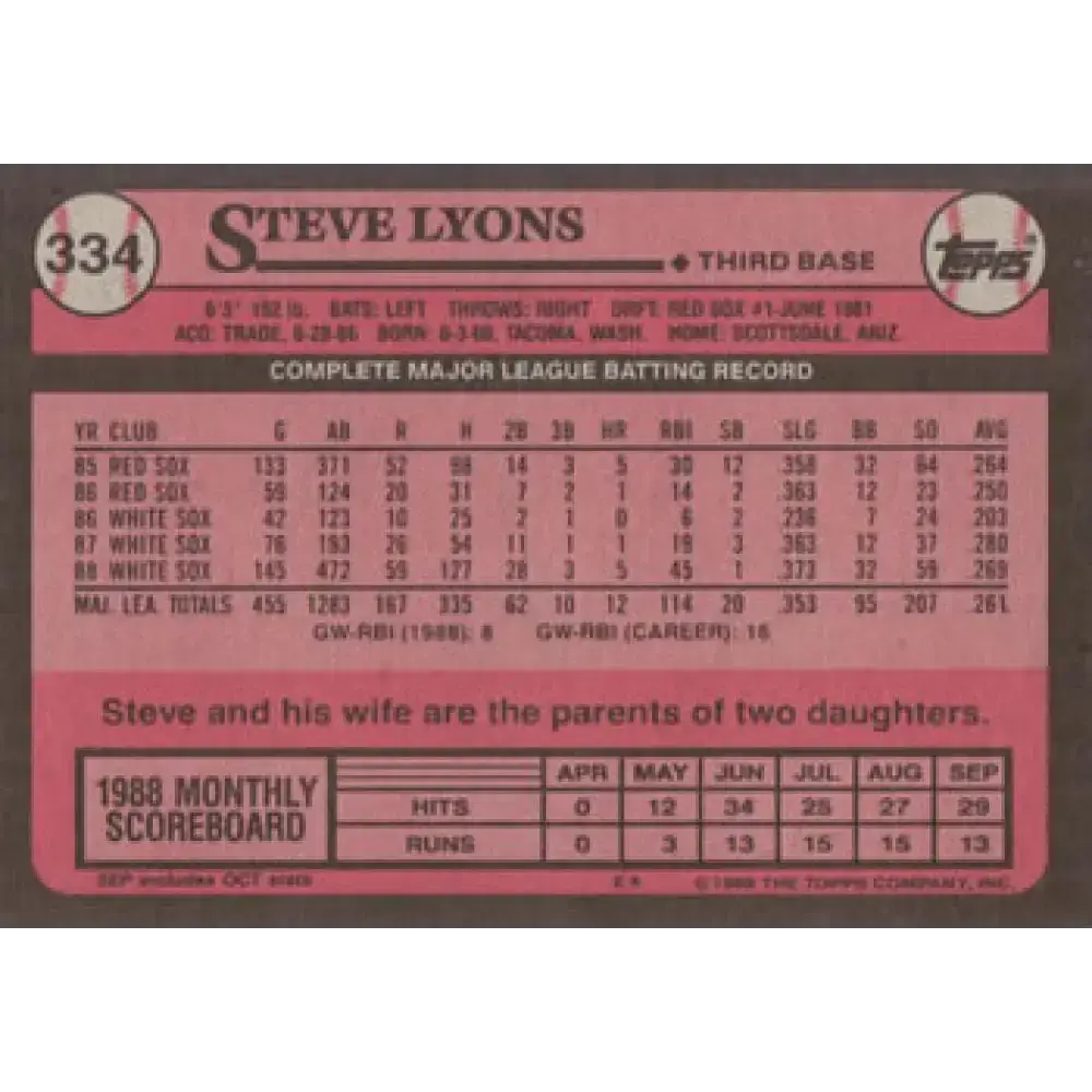 1989 Topps #334 Steve Lyons NM-MT Chicago White Sox Baseball Card - Baseball Card Single