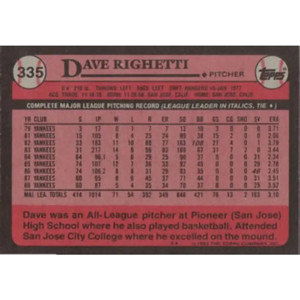 1989 Topps #335 Dave Righetti NM-MT New York Yankees Baseball Card - Baseball Card Single