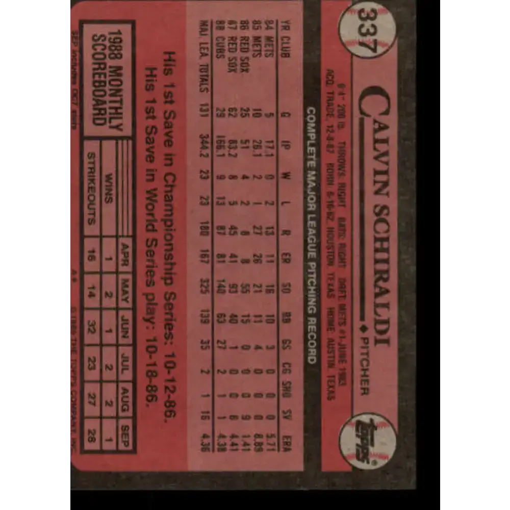 1989 Topps #337 Calvin Schiraldi NM-MT Chicago Cubs Baseball Card - Baseball Card Single