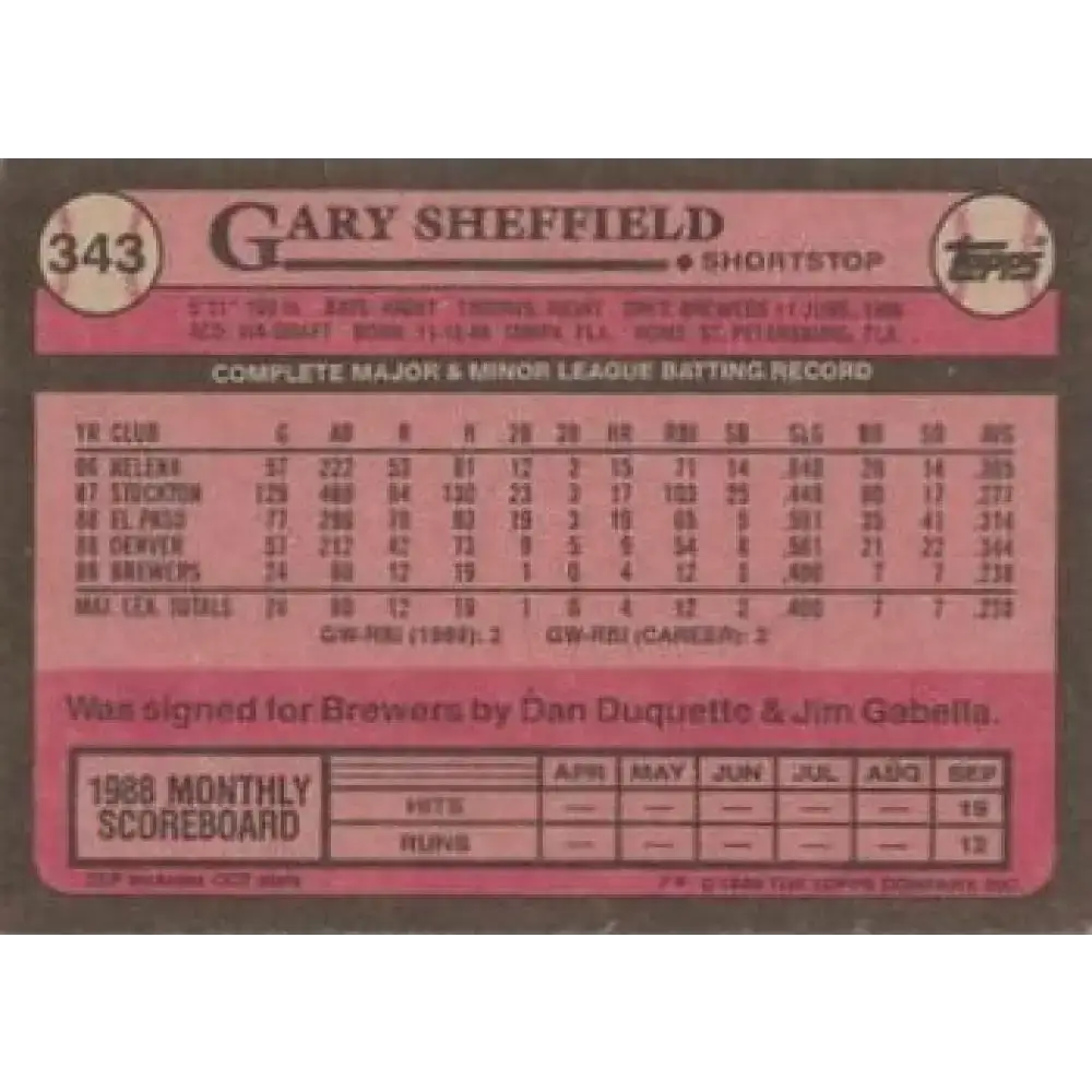 1989 Topps #343 Gary Sheffield FS NM-MT RC Rookie Milwaukee Brewers Baseball Card - Baseball Card Single