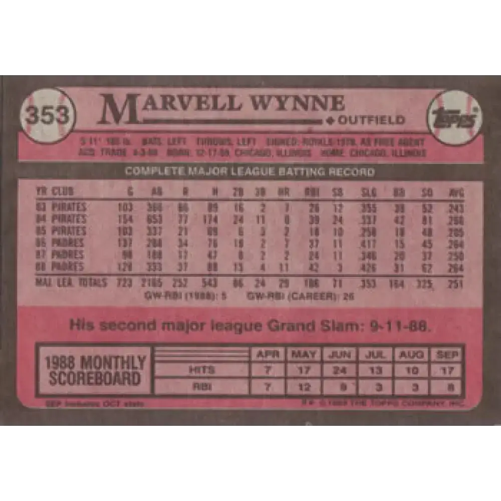 1989 Topps #353 Marvell Wynne NM-MT San Diego Padres Baseball Card - Baseball Card Single
