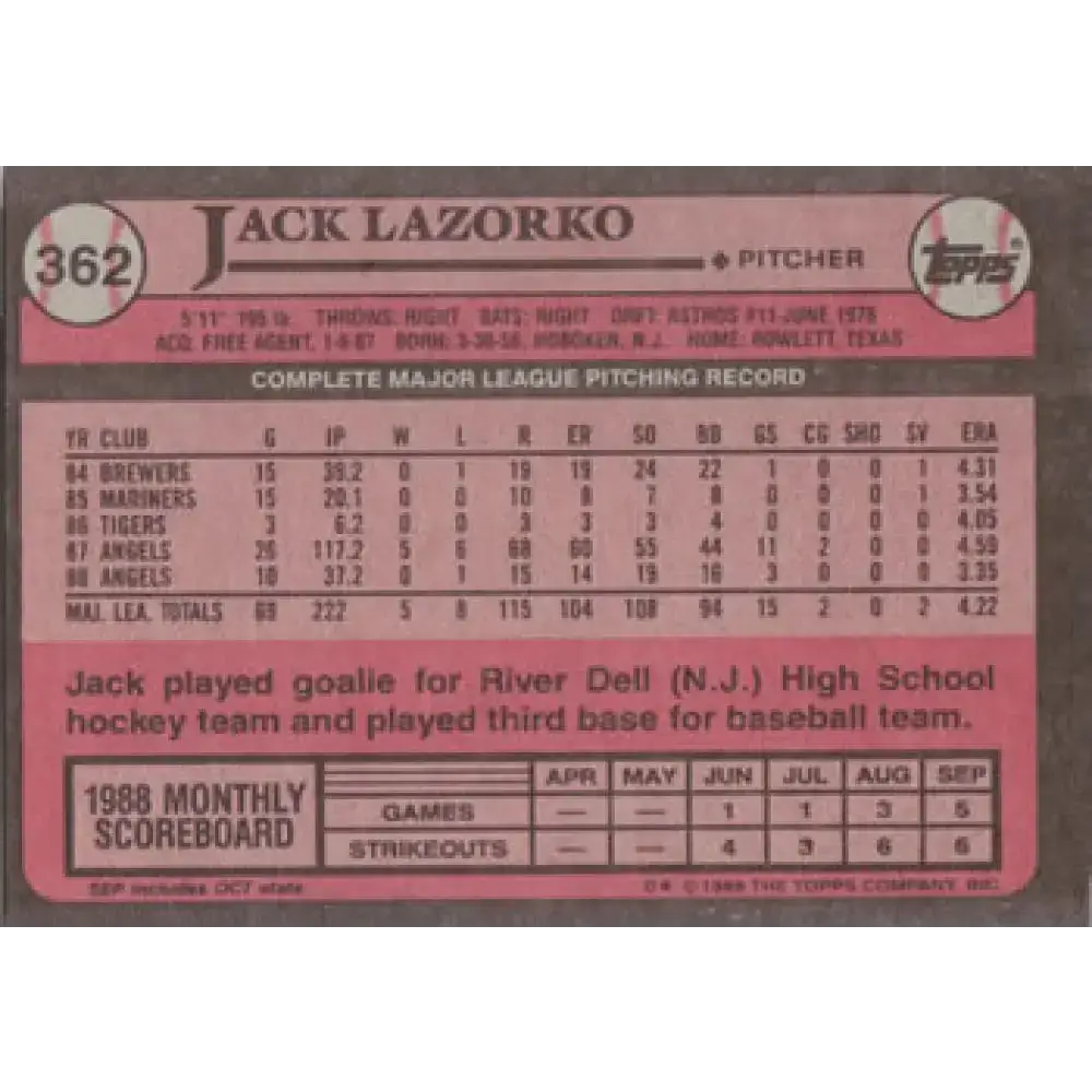 1989 Topps #362 Jack Lazorko NM-MT California Angels Baseball Card - Baseball Card Single