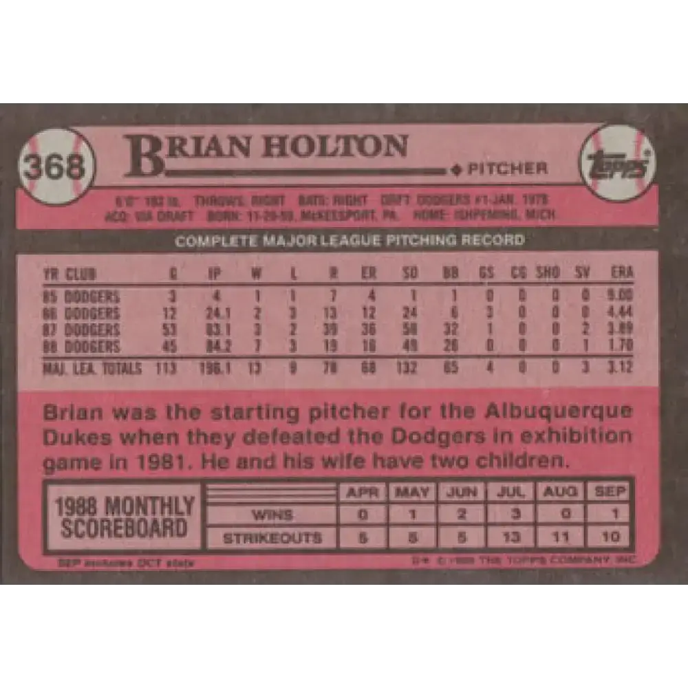 1989 Topps #368 Brian Holton NM-MT Los Angeles Dodgers Baseball Card - Baseball Card Single