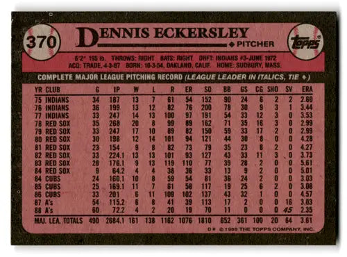 1989 Topps #370 Dennis Eckersley NM-MT Athletics ID:70882