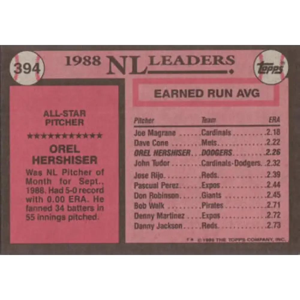 1989 Topps #394 Orel Hershiser AS NM-MT Los Angeles Dodgers Baseball Card - Baseball Card Single
