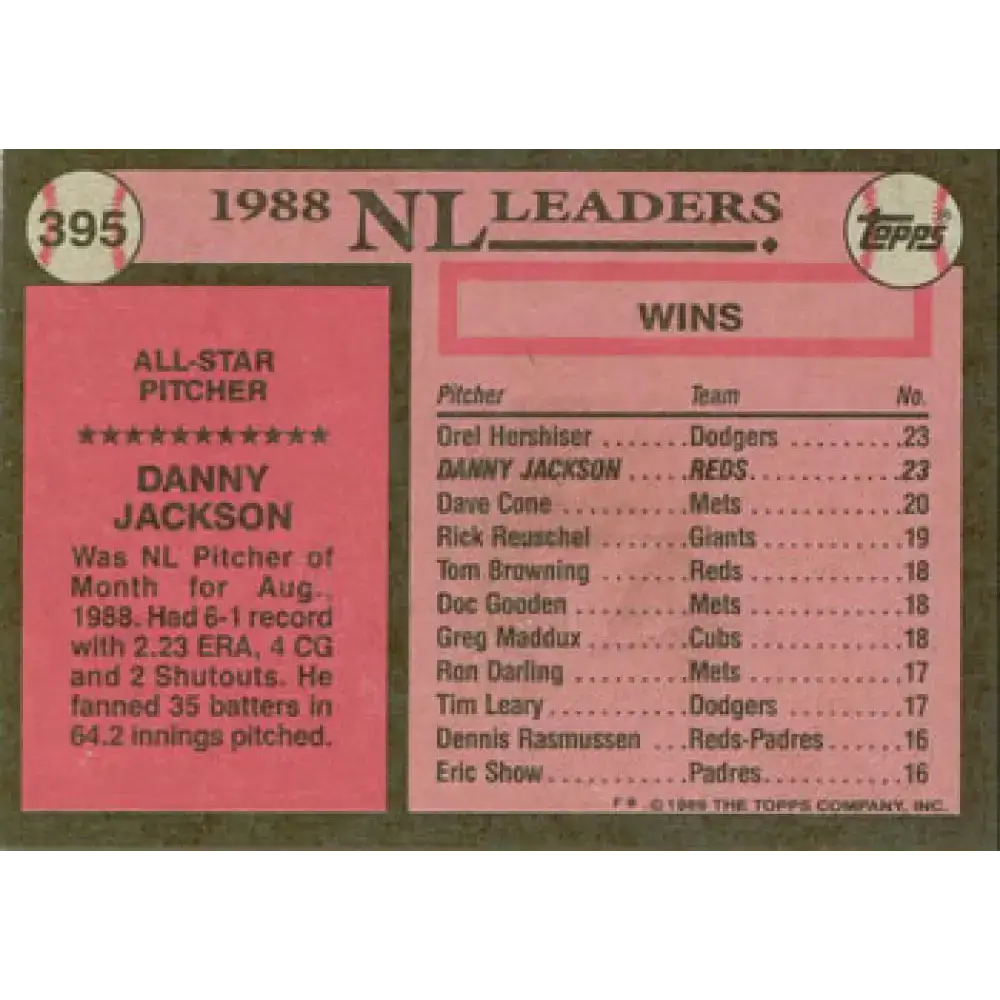 1989 Topps #395 Danny Jackson AS NM-MT Cincinnati Reds Baseball Card - Baseball Card Single