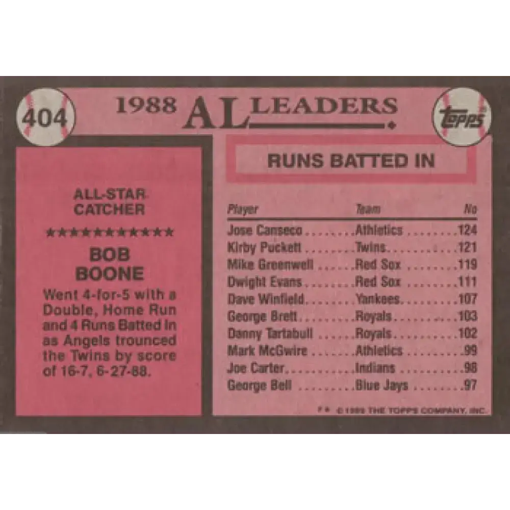 1989 Topps #404 Bob Boone AS NM-MT California Angels Baseball Card - Baseball Card Single
