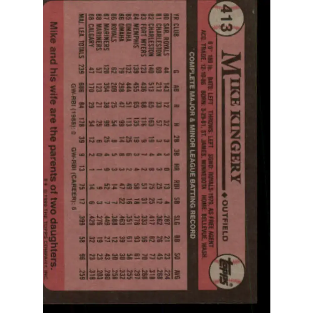 1989 Topps #413 Mike Kingery NM-MT Seattle Mariners Baseball Card - Baseball Card Single