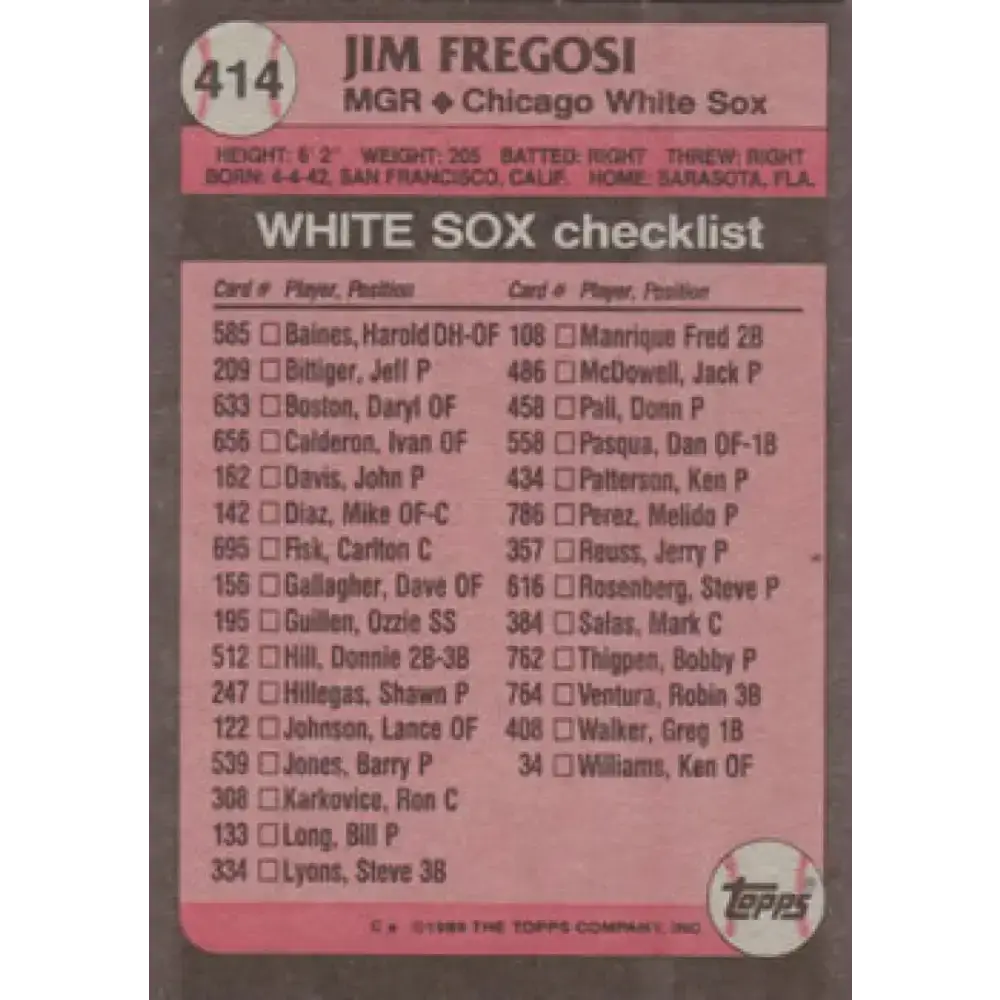 1989 Topps #414 Jim Fregosi MG NM-MT Chicago White Sox Baseball Card - Baseball Card Single