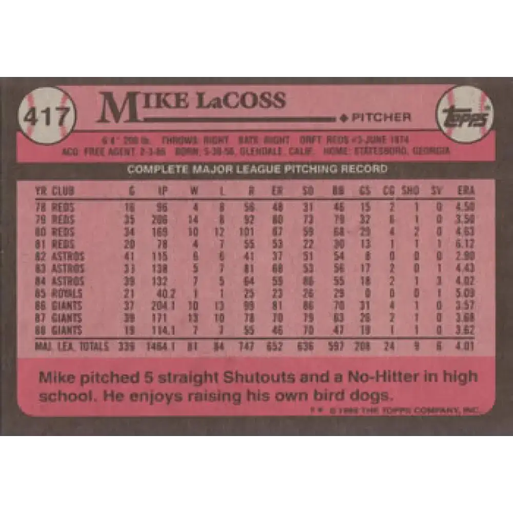 1989 Topps #417 Mike LaCoss NM-MT San Francisco Giants Baseball Card - Baseball Card Single