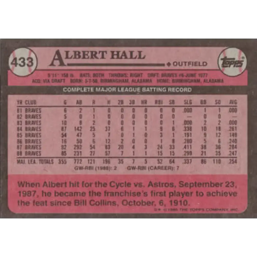1989 Topps #433 Albert Hall NM-MT Atlanta Braves Baseball Card - Baseball Card Single