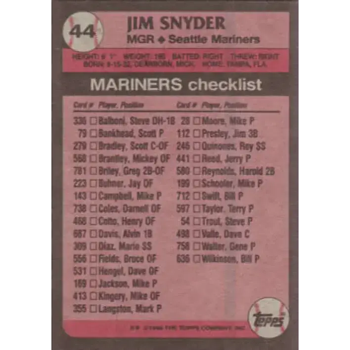 1989 Topps #44 Jim Snyder MG NM-MT Seattle Mariners Baseball Card - Baseball Card Single
