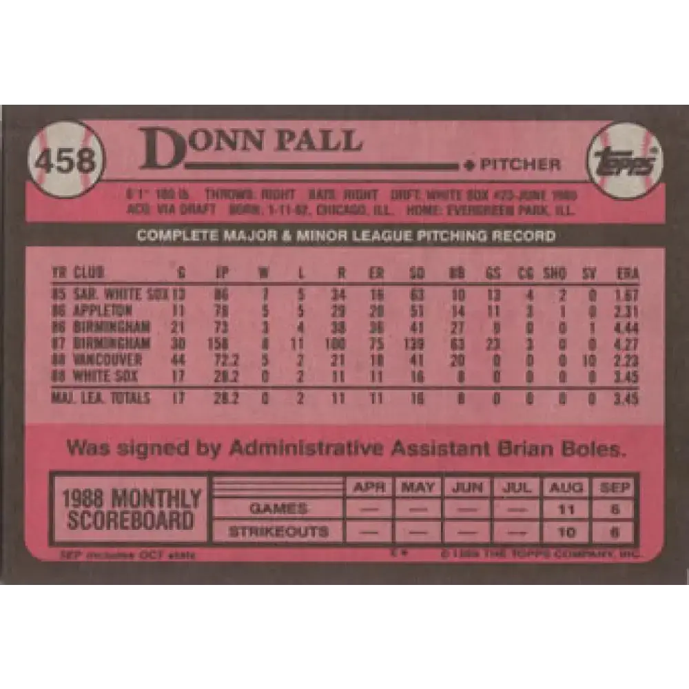 1989 Topps #458 Donn Pall NM-MT RC Rookie Chicago White Sox Baseball Card - Baseball Card Single