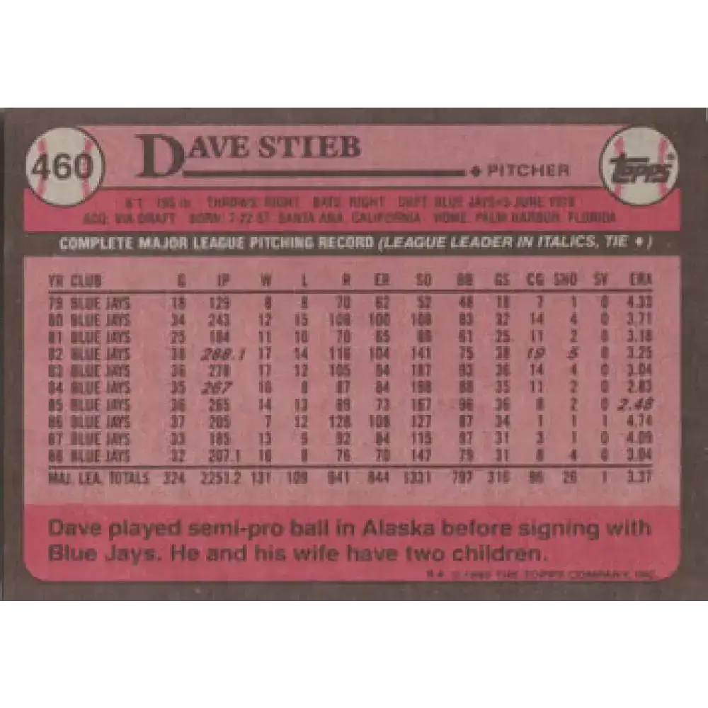 1989 Topps #460 Dave Stieb NM-MT Toronto Blue Jays Baseball Card - Baseball Card Single