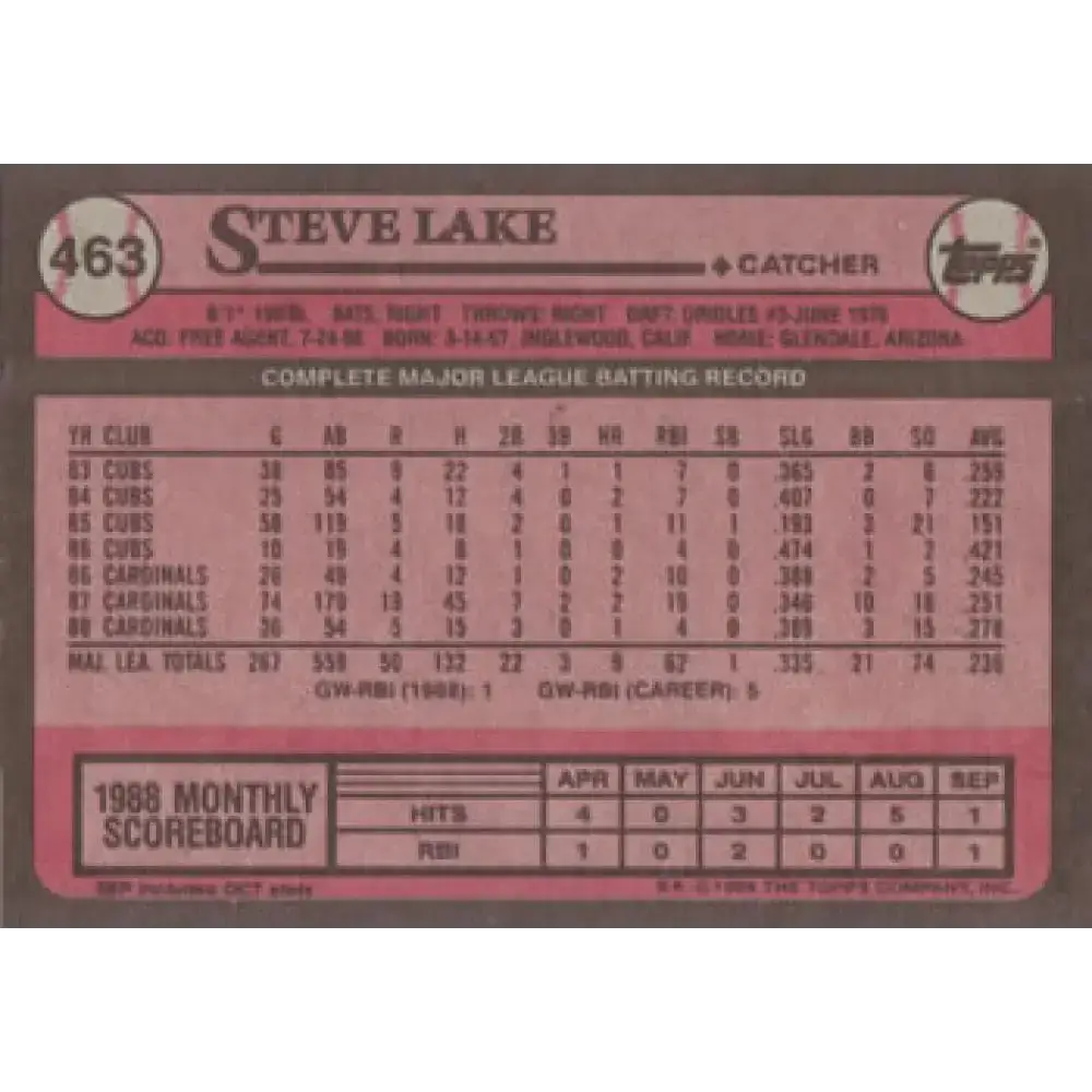 1989 Topps #463 Steve Lake NM-MT St. Louis Cardinals Baseball Card - Baseball Card Single