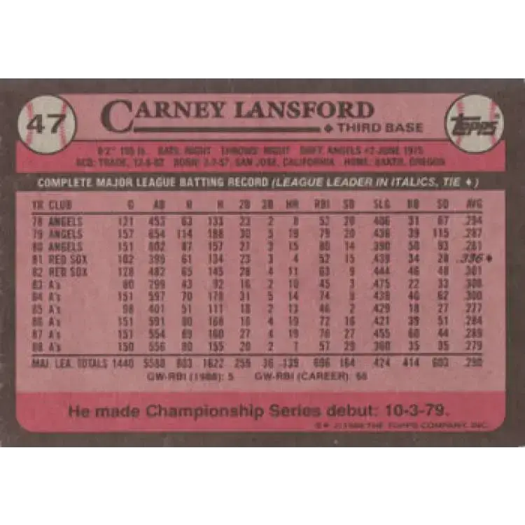 1989 Topps #47 Carney Lansford NM-MT Oakland Athletics Baseball Card - Baseball Card Single
