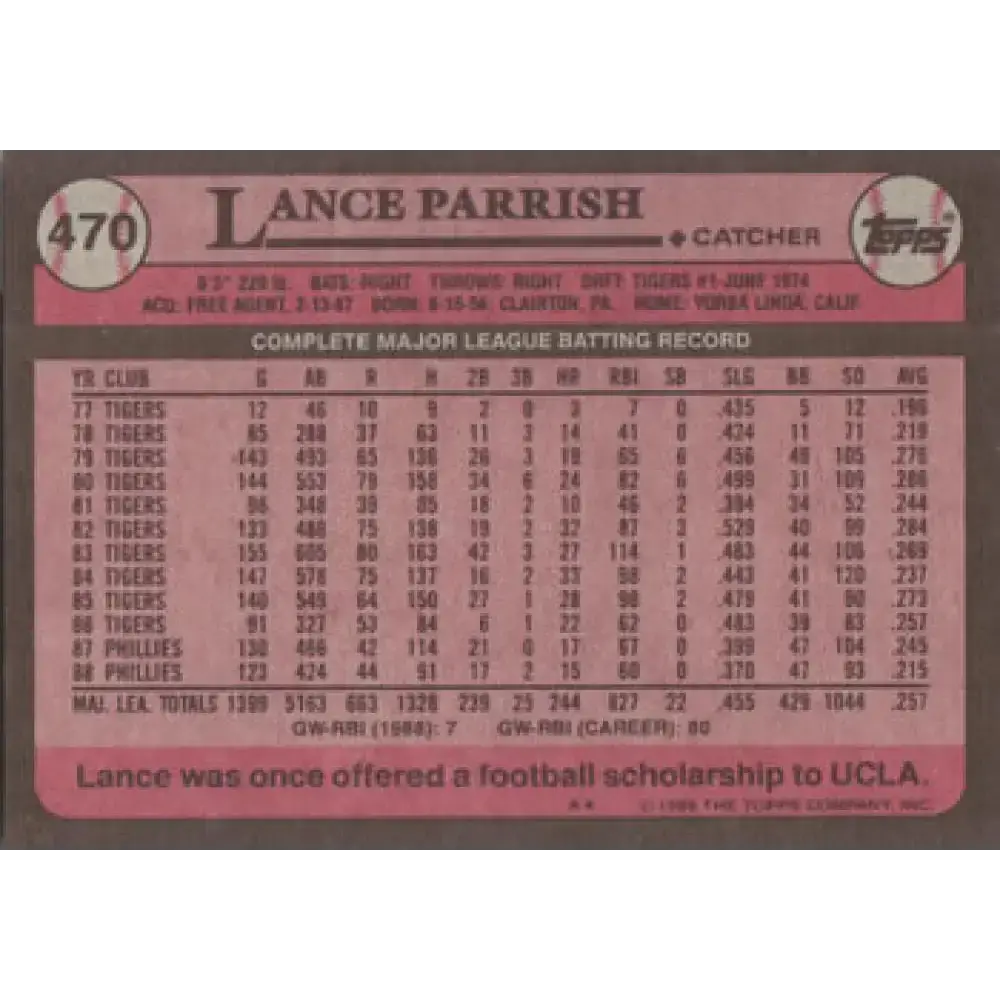 1989 Topps #470 Lance Parrish NM-MT Philadelphia Phillies Baseball Card - Baseball Card Single