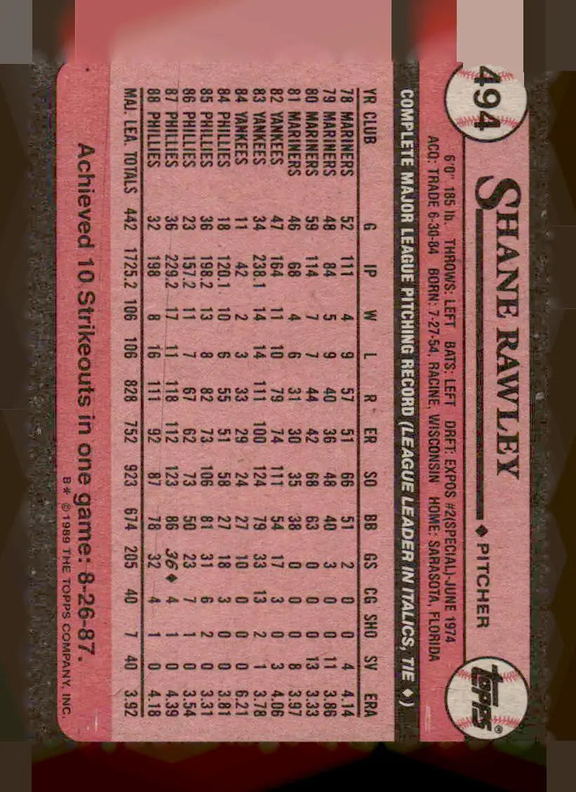 1989 Topps #494 Shane Rawley - Baseball Card Single