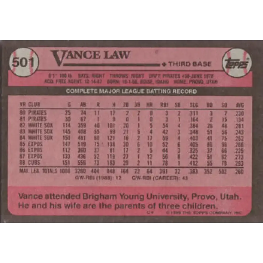 1989 Topps #501 Vance Law NM-MT Chicago Cubs Baseball Card - Baseball Card Single