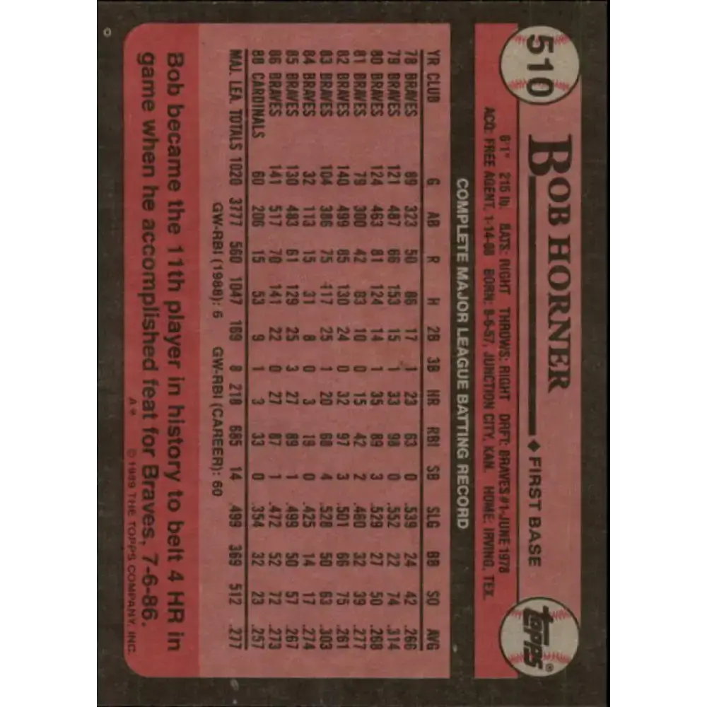 1989 Topps #510 Bob Horner NM-MT St. Louis Cardinals Baseball Card - Baseball Card Single