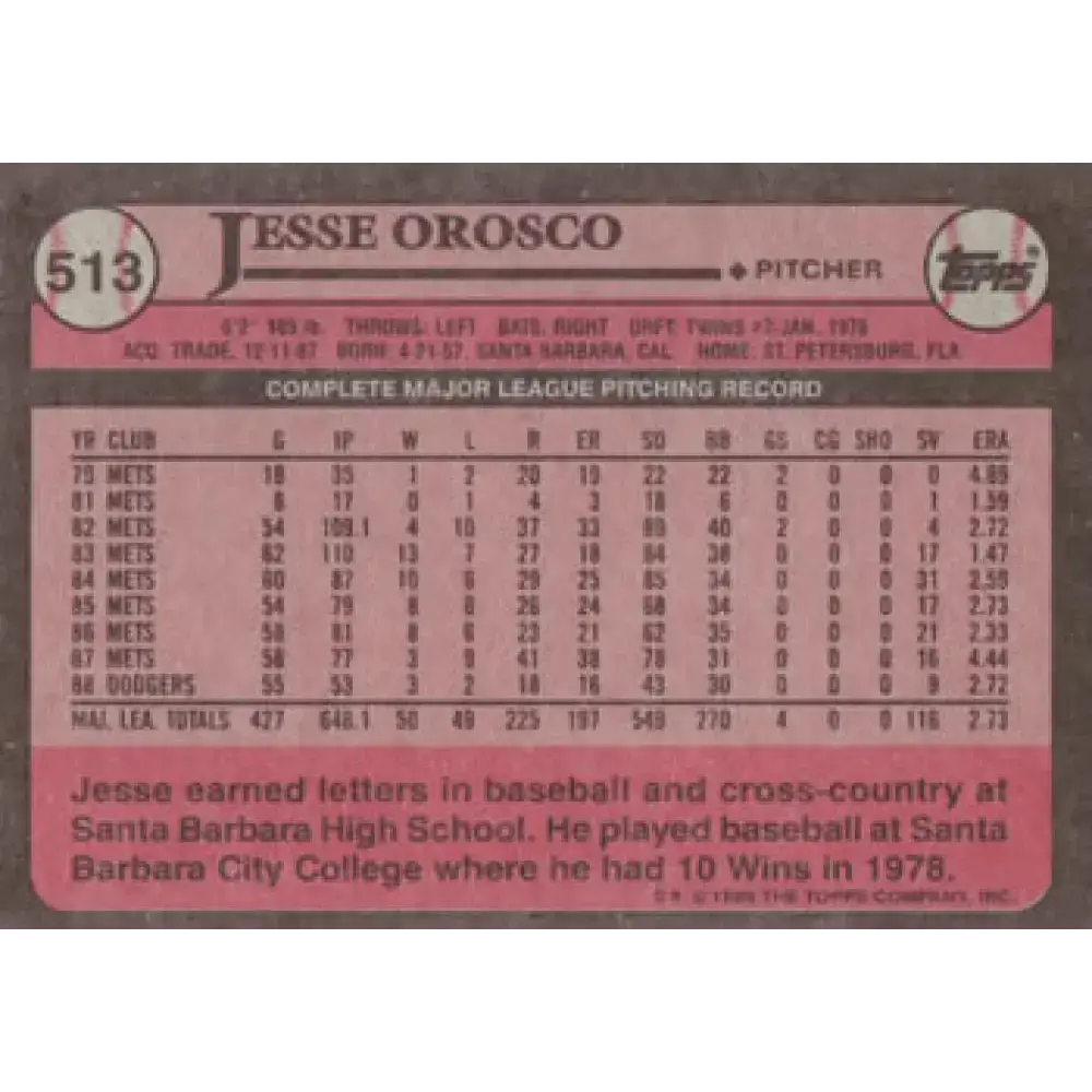 1989 Topps #513 Jesse Orosco NM-MT Los Angeles Dodgers Baseball Card - Baseball Card Single