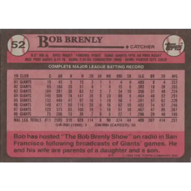 1989 Topps #52 Bob Brenly NM-MT San Francisco Giants Baseball Card - Baseball Card Single