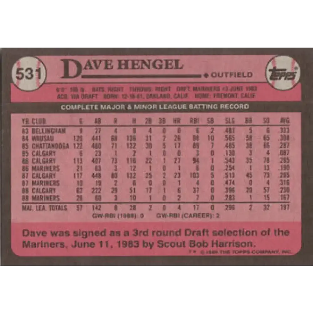 1989 Topps #531 Dave Hengel NM-MT Seattle Mariners Baseball Card - Baseball Card Single