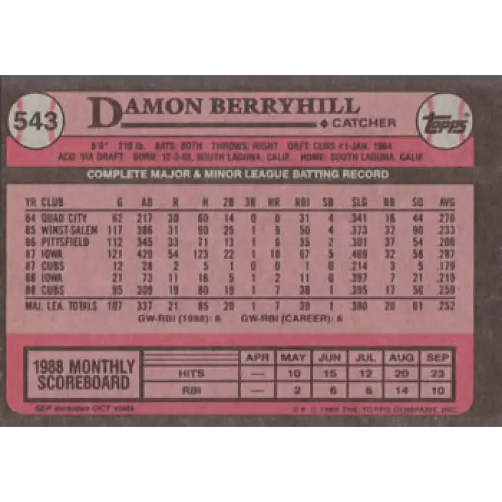 1989 Topps #543 Damon Berryhill NM-MT Chicago Cubs Baseball Card - Baseball Card Single