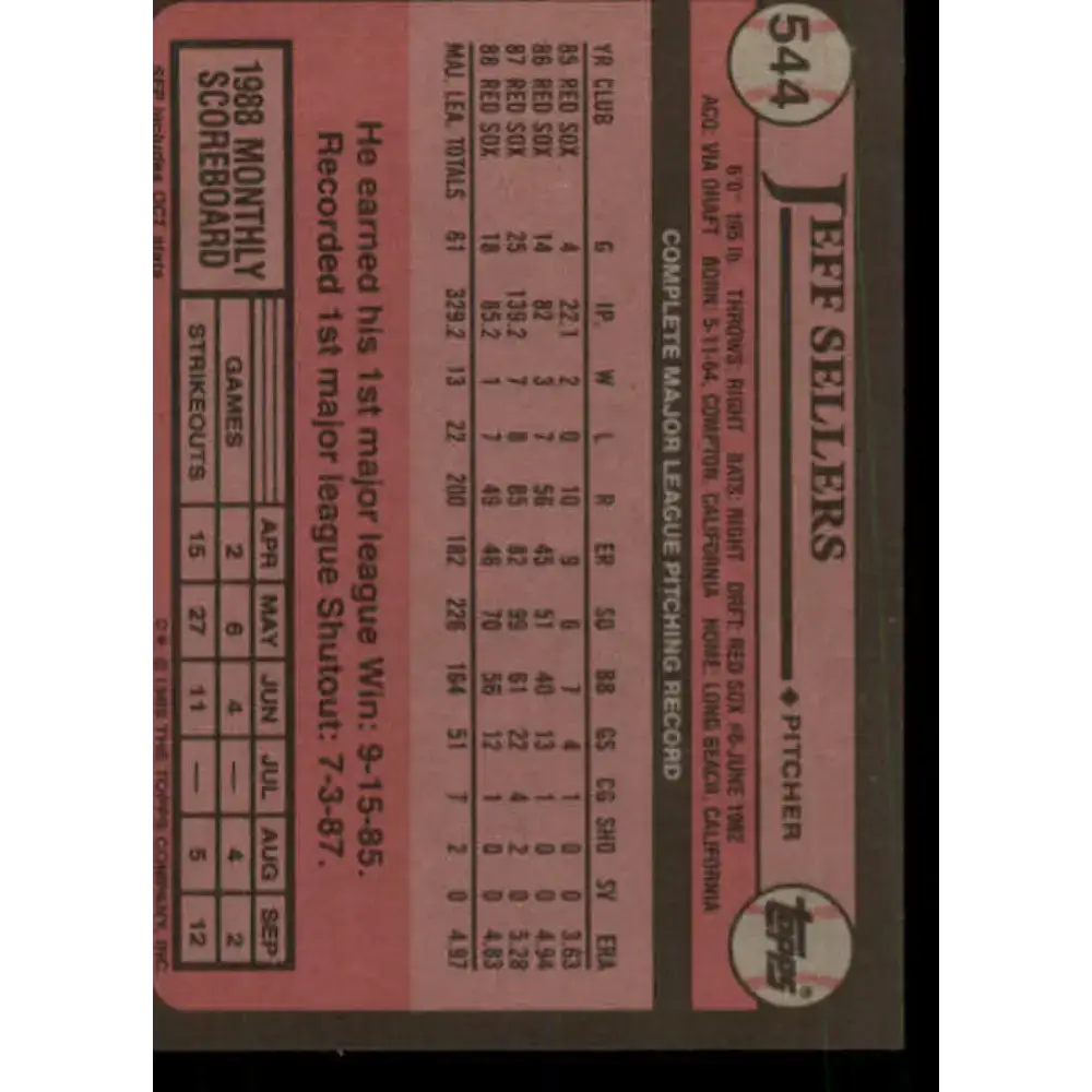 1989 Topps #544 Jeff Sellers NM-MT Boston Red Sox Baseball Card - Baseball Card Single