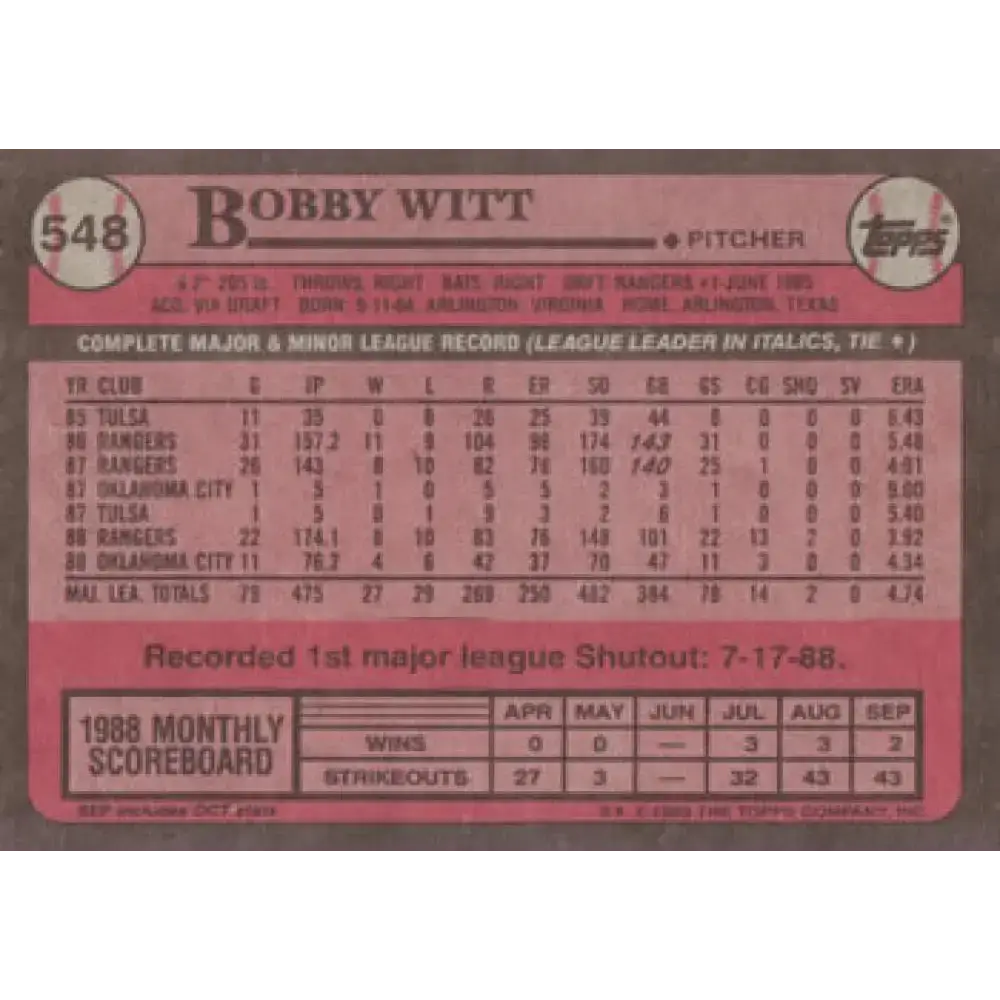 1989 Topps #548 Bobby Witt NM-MT Texas Rangers Baseball Card - Baseball Card Single