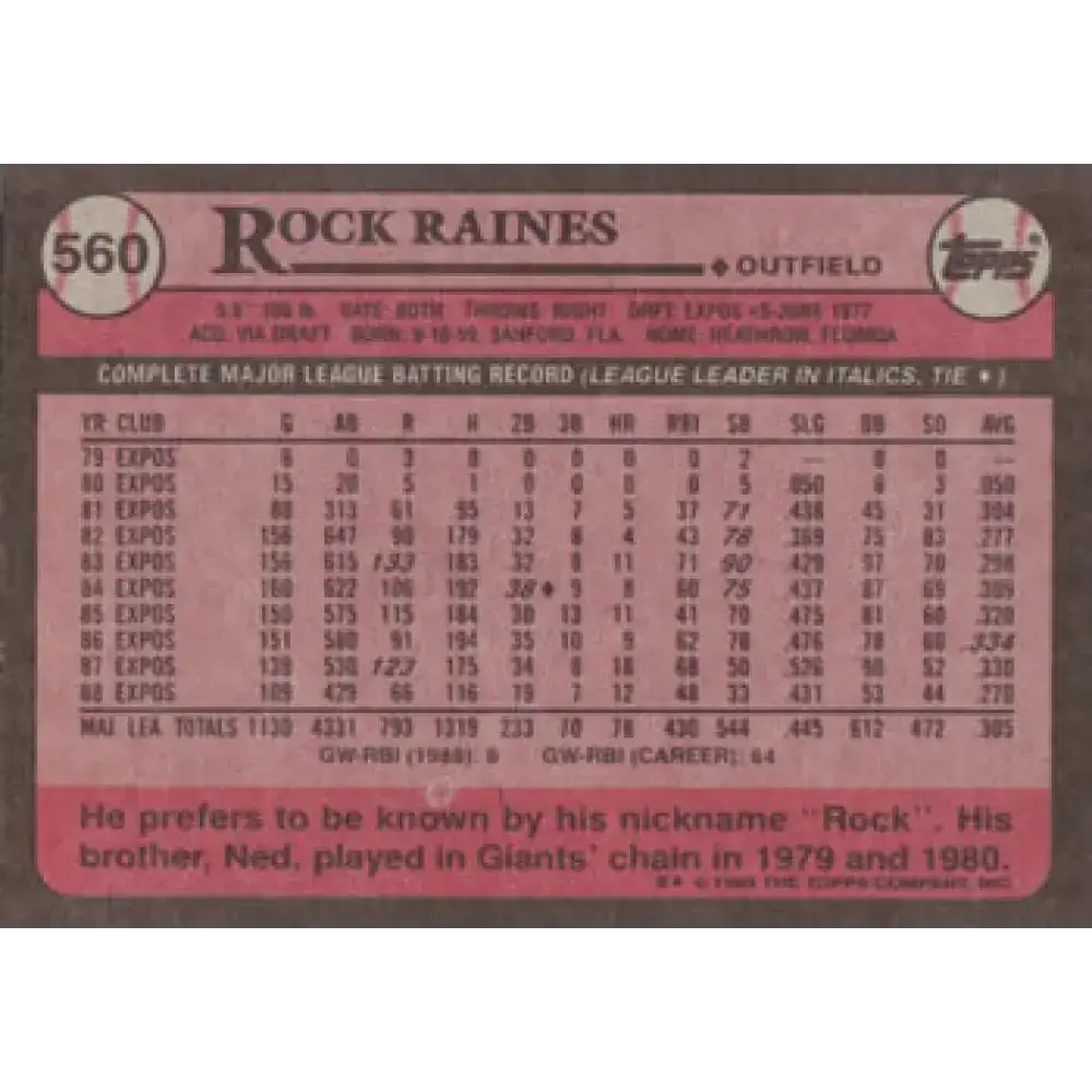 1989 Topps #560 Tim Raines NM-MT Montreal Expos Baseball Card - Baseball Card Single