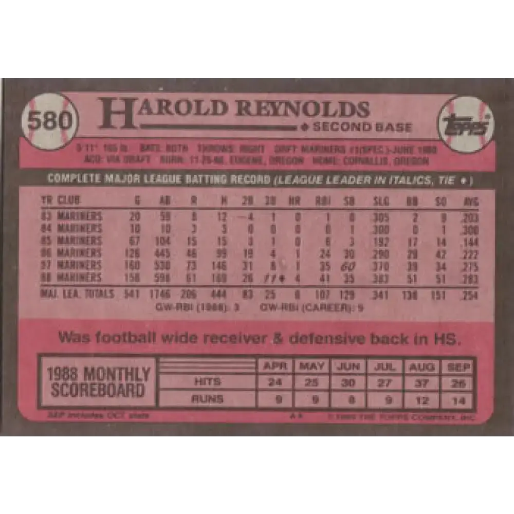 1989 Topps #580 Harold Reynolds NM-MT Seattle Mariners Baseball Card - Baseball Card Single
