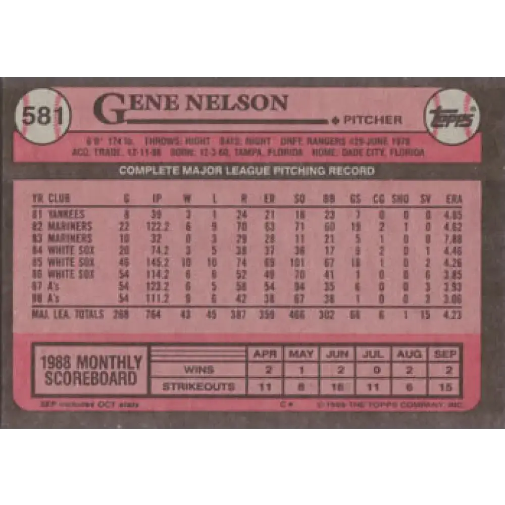 1989 Topps #581 Gene Nelson NM-MT Oakland Athletics Baseball Card - Baseball Card Single