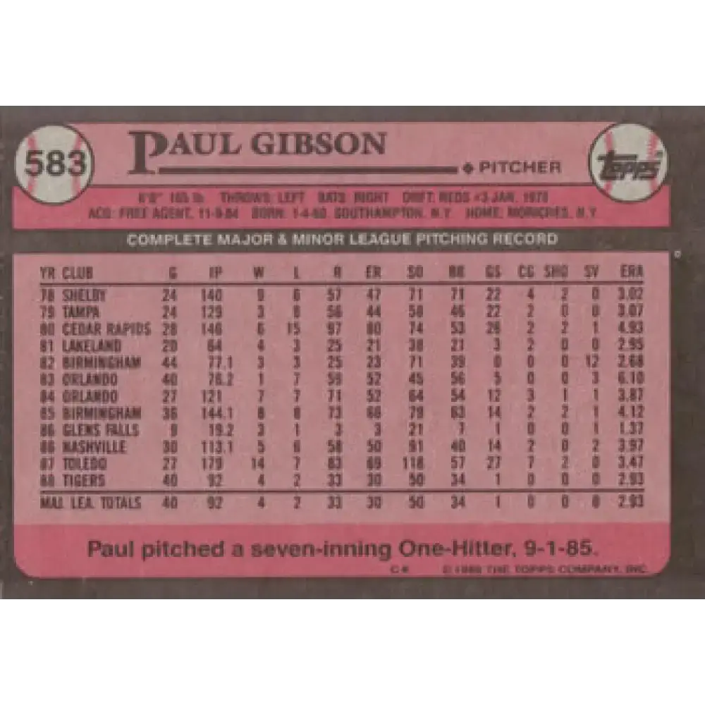 1989 Topps #583 Paul Gibson NM-MT Detroit Tigers Baseball Card - Baseball Card Single