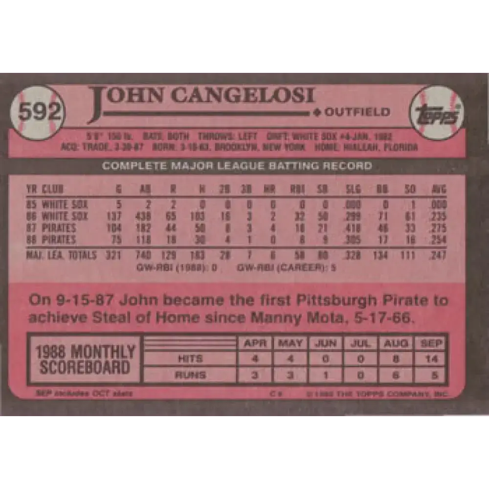 1989 Topps #592 John Cangelosi NM-MT Pittsburgh Pirates Baseball Card - Baseball Card Single