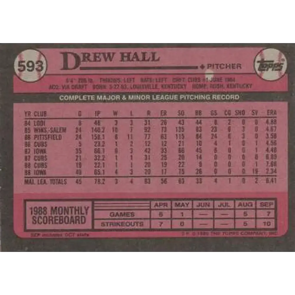 1989 Topps #593 Drew Hall NM-MT Chicago Cubs Baseball Card - Baseball Card Single
