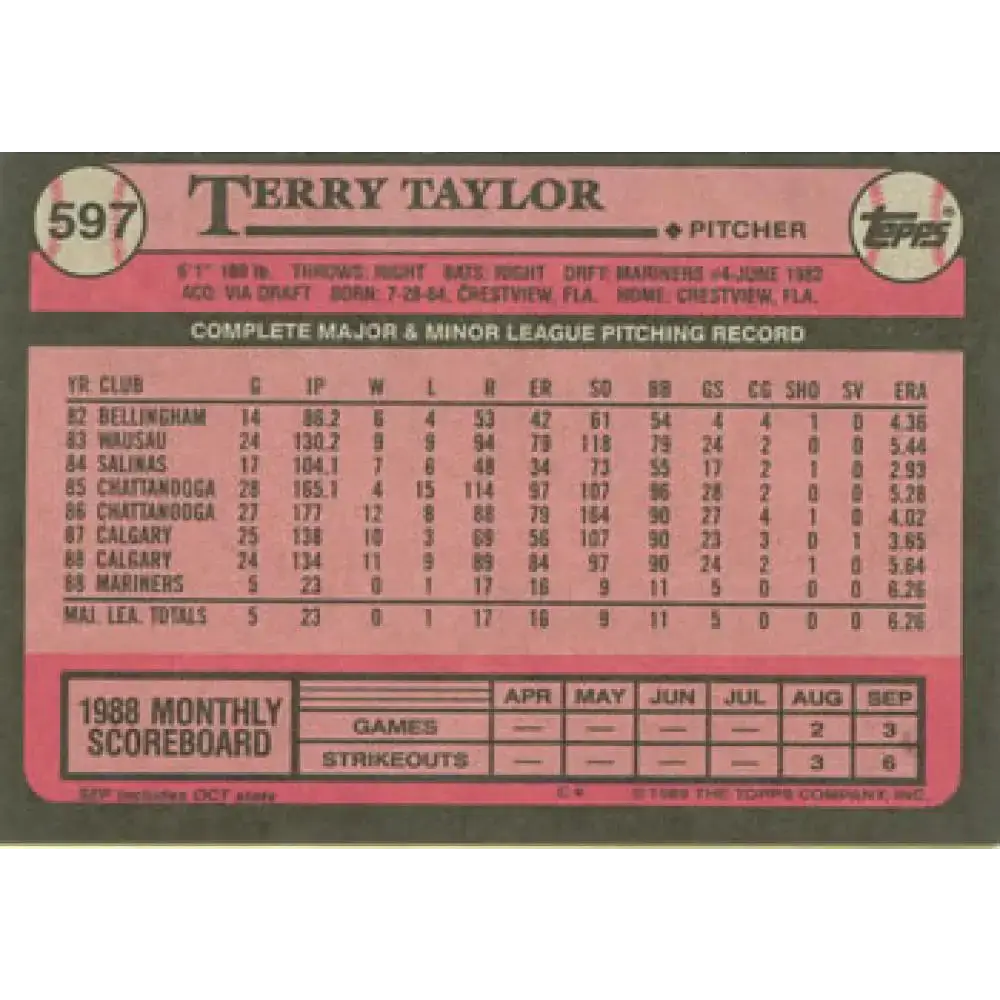 1989 Topps #597 Terry Taylor NM-MT RC Rookie Seattle Mariners Baseball Card - Baseball Card Single