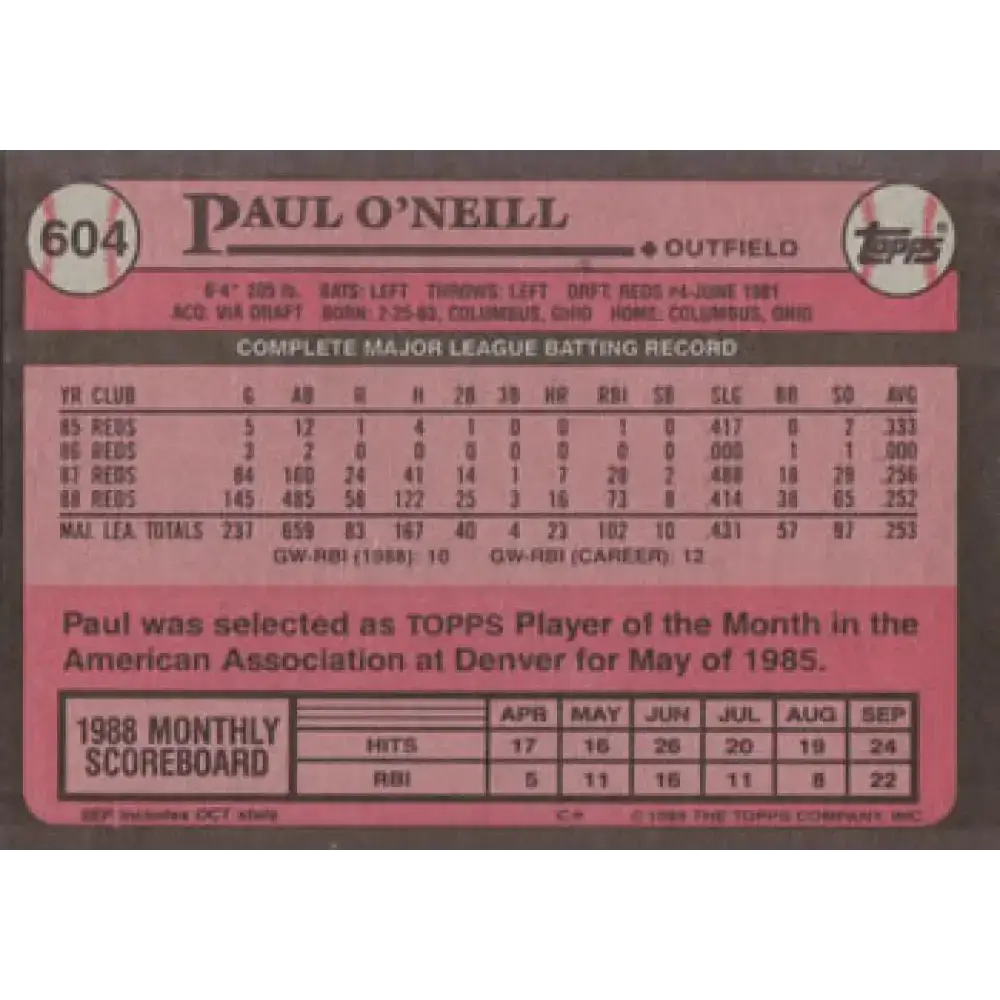 1989 Topps #604 Paul O’Neill NM-MT Cincinnati Reds Baseball Card - Baseball Card Single