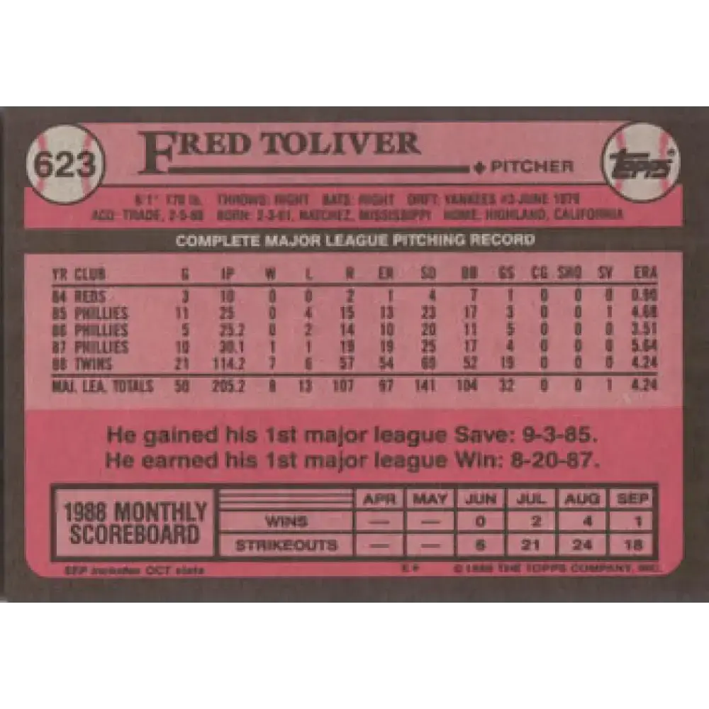 1989 Topps #623 Fred Toliver NM-MT Minnesota Twins Baseball Card