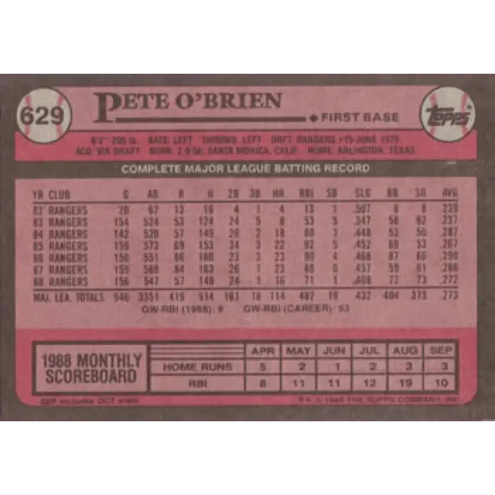 1989 Topps #629 Pete O’Brien NM-MT Texas Rangers Baseball Card - Baseball Card Single