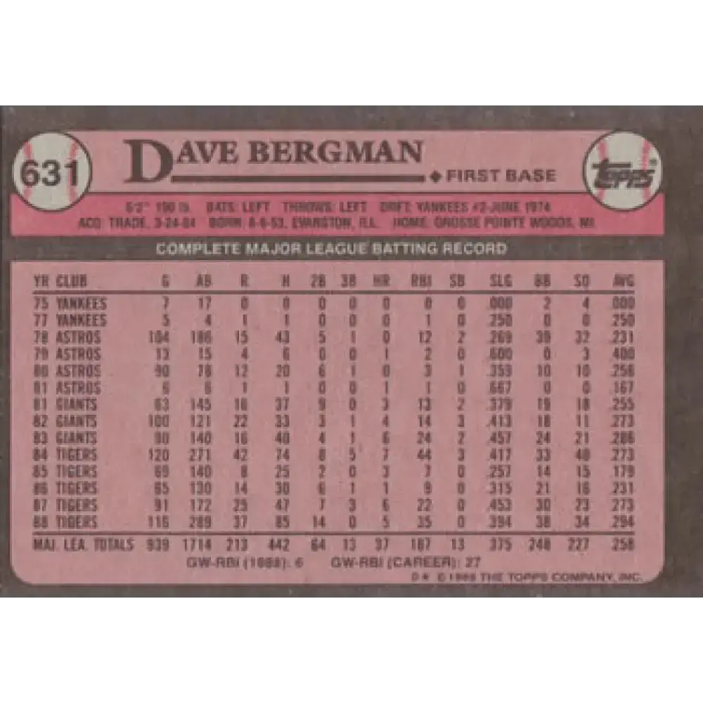 1989 Topps #631 Dave Bergman NM-MT Detroit Tigers Baseball Card - Baseball Card Single