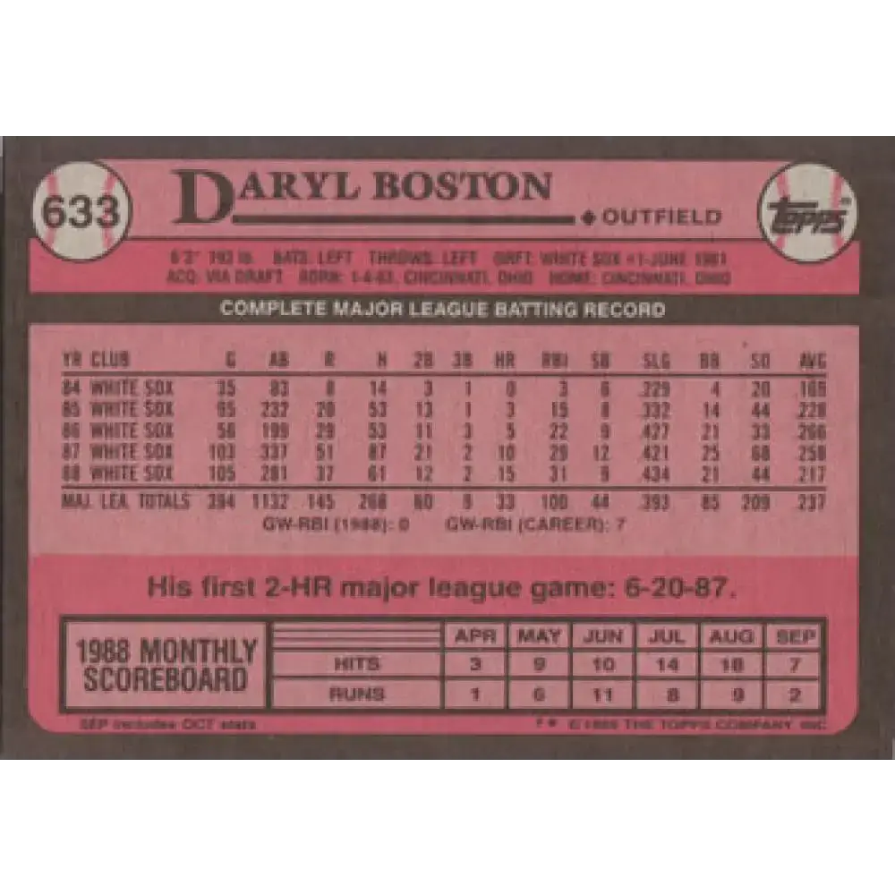 1989 Topps #633 Daryl Boston NM-MT Chicago White Sox Baseball Card - Baseball Card Single