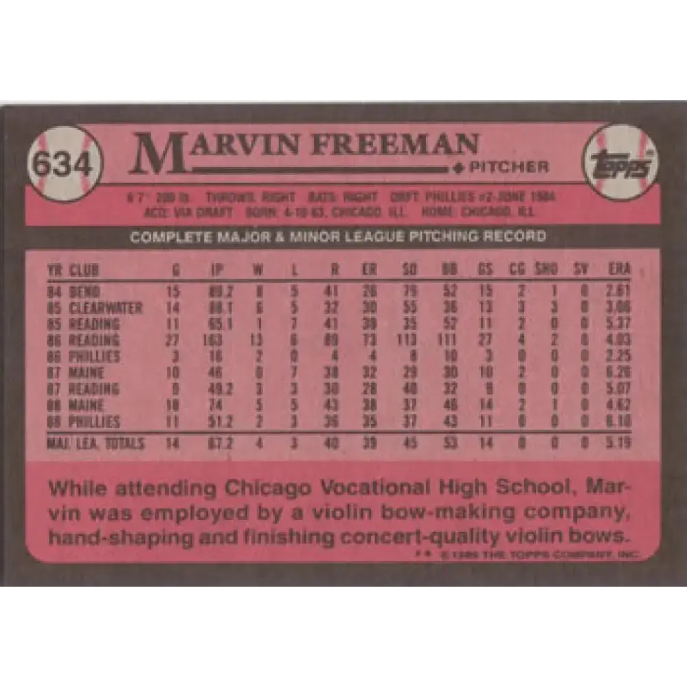 1989 Topps #634 Marvin Freeman NM-MT Philadelphia Phillies Baseball Card - Baseball Card Single
