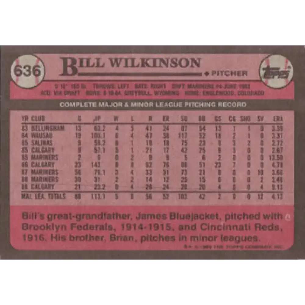 1989 Topps #636 Bill Wilkinson NM-MT Seattle Mariners Baseball Card - Baseball Card Single