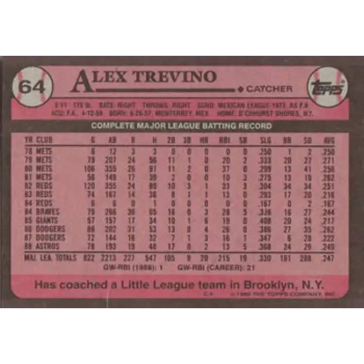 1989 Topps #64 Alex Trevino NM-MT Houston Astros Baseball Card - Baseball Card Single
