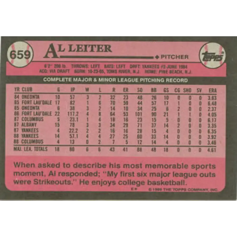 1989 Topps #659 Al Leiter NM-MT New York Yankees Baseball Card - Baseball Card Single